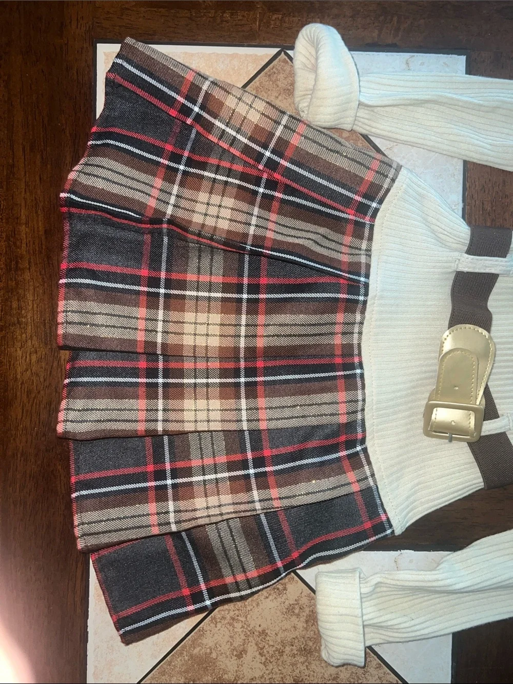 Girls Cream Ribbed Sweater Dress with Plaid Skirt and Belt